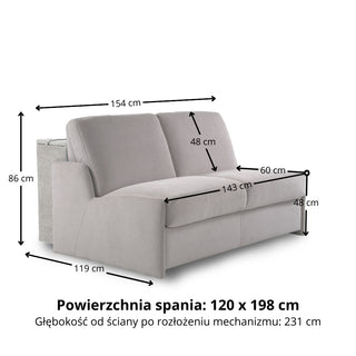 Sofa KIRA bez boków z funkcją spania codziennego stelaż włoski z materacem 120 cm i pojemnikiem