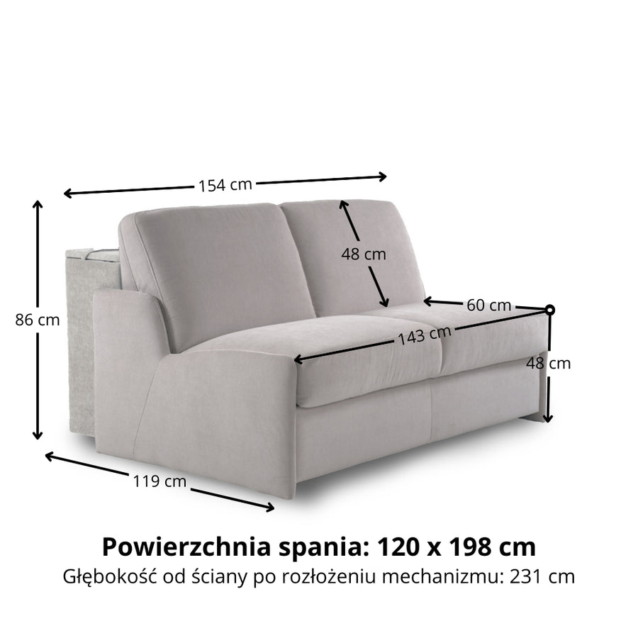 Sofa KIRA bez boków z funkcją spania codziennego stelaż włoski z materacem 120 cm i pojemnikiem