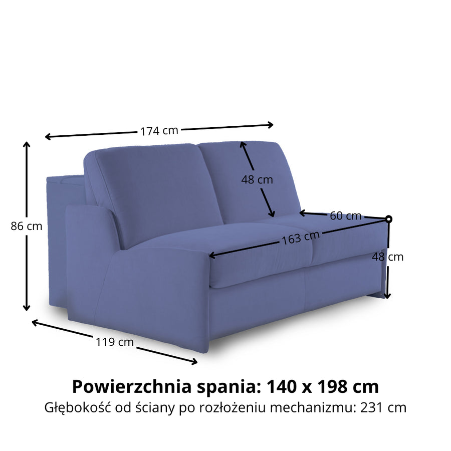 Sofa KIRA bez boków z funkcją spania codziennego stelaż włoski z materacem 140 cm i pojemnikiem