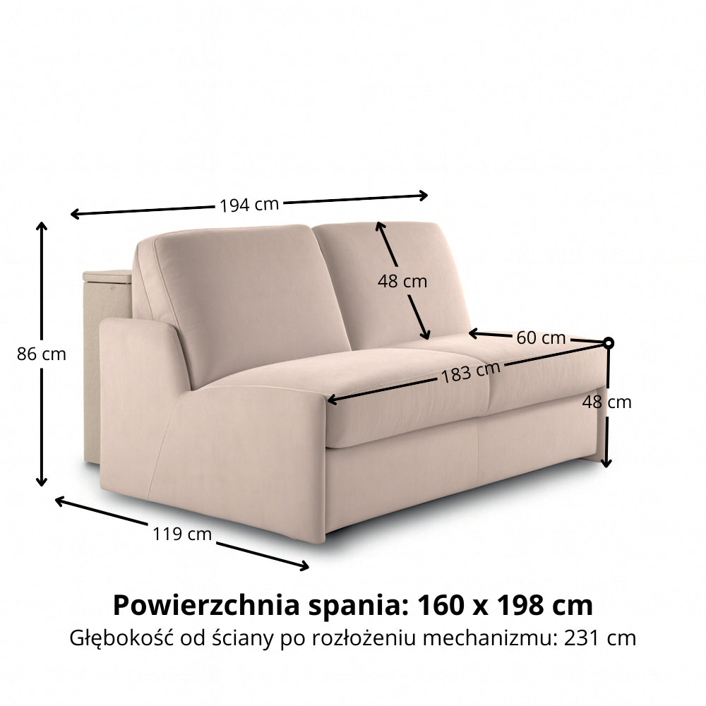 Sofa KIRA bez boków z funkcją spania codziennego stelaż włoski z materacem 160 cm i pojemnikiem