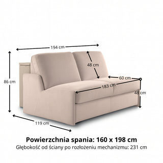 Sofa KIRA bez boków z funkcją spania codziennego stelaż włoski z materacem 160 cm i pojemnikiem