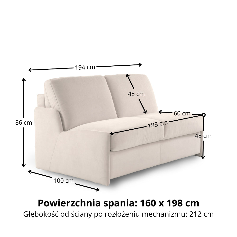 Sofa KIRA bez boków z funkcją spania codziennego stelaż włoski z materacem 160 cm