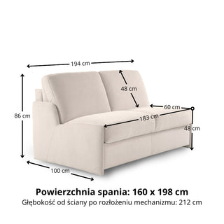 Sofa KIRA bez boków z funkcją spania codziennego stelaż włoski z materacem 160 cm
