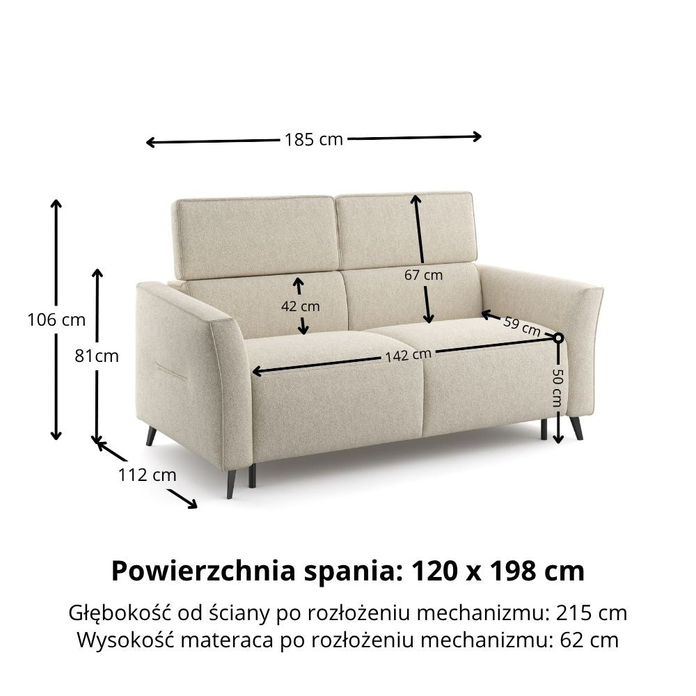 Sofa NOLA 2 osobowa z funkcją spania codziennego stelaż włoski z materacem 120 cm