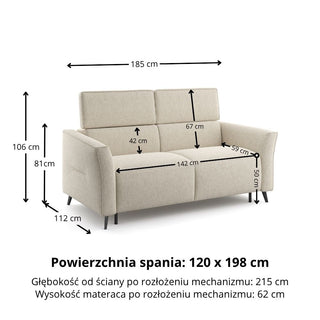 Sofa NOLA 2 osobowa z funkcją spania codziennego stelaż włoski z materacem 120 cm