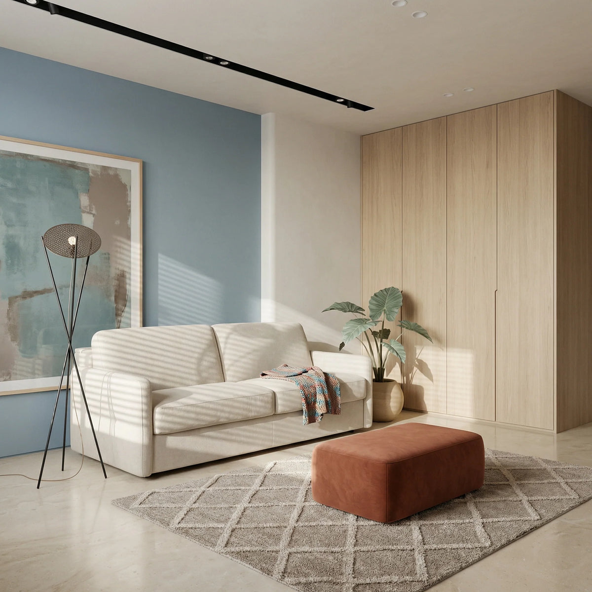 Sofa EMA 2,5 osobowa z pojemnikiem i funkcją spania codziennego stelaż włoski z materacem 140 cm